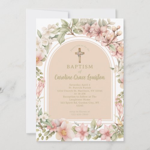 Beautiful Pink Evergreen Flower Catholic Baptism Invitation
