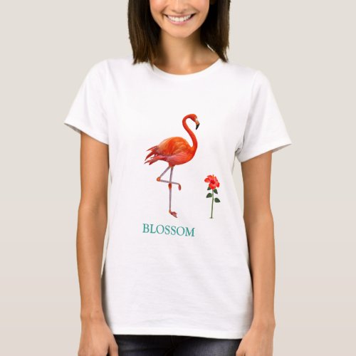 Beautiful Pink Flamingo Bird  Red Hibiscus Flower T_Shirt