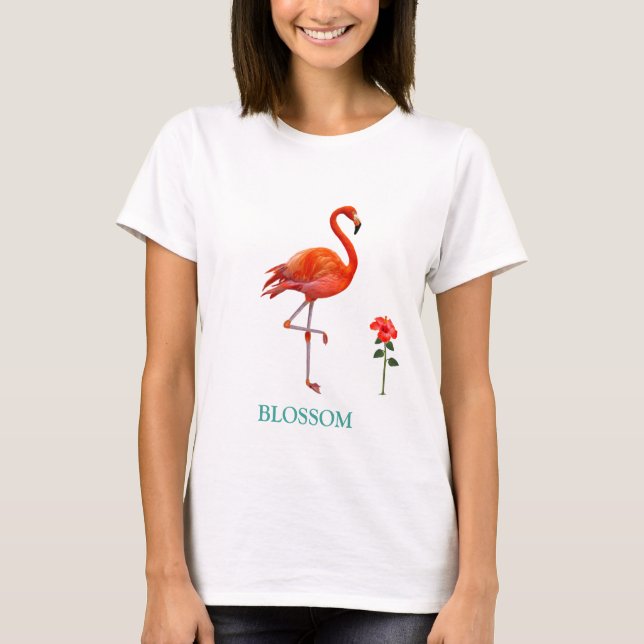 Beautiful Pink Flamingo Bird & Red Hibiscus Flower T-Shirt (Front)