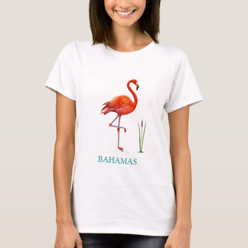 Beautiful Pink Flamingo Bird  Reed Plant  T_Shirt