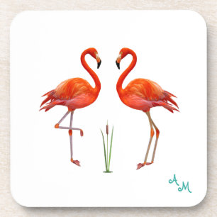 Beautiful Pink Flamingo Birds & Monogram on White Beverage Coaster