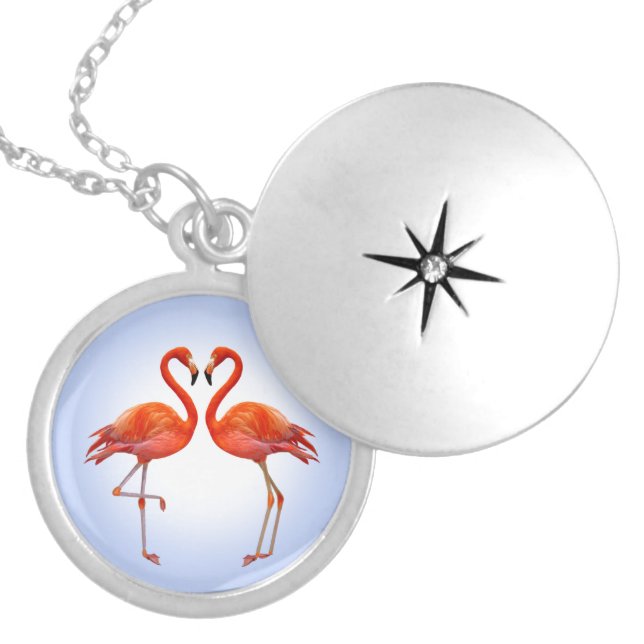 Beautiful Pink Flamingo Couple on Light Blue Locket Necklace (Front)