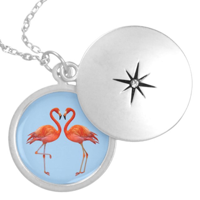 Beautiful Pink Flamingo Couple on Light Blue Locket Necklace (Front)