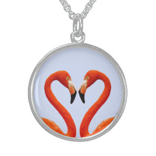 Beautiful Pink Flamingo Couple on Light Blue Sterling Silver Necklace
