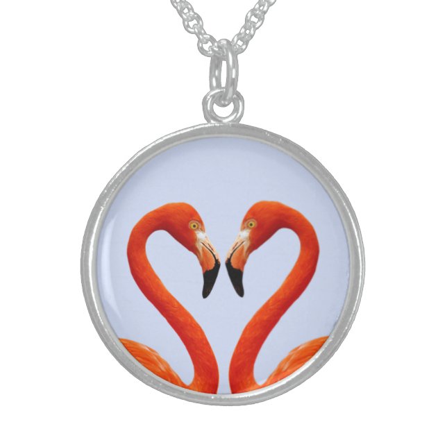 Beautiful Pink Flamingo Couple on Light Blue Sterling Silver Necklace (Front)