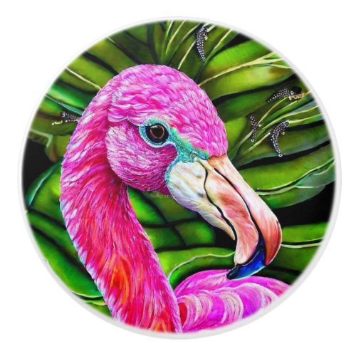 Beautiful pink flamingo in front of green foliage ceramic knob