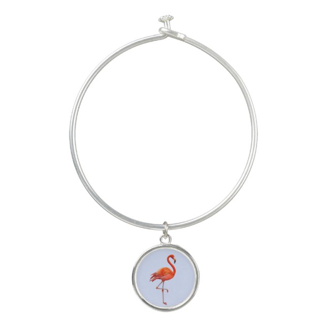 Beautiful Pink Flamingo on Light Blue Bangle Bracelet (Front)