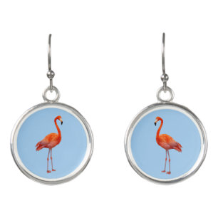 Beautiful Pink Flamingo on Light Blue Earrings