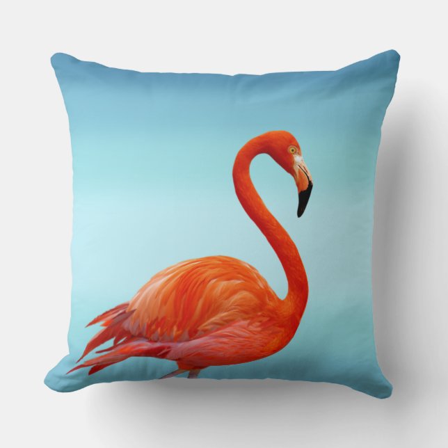 Beautiful Pink Flamingo on Light Sky Blue Throw Pillow (Front)