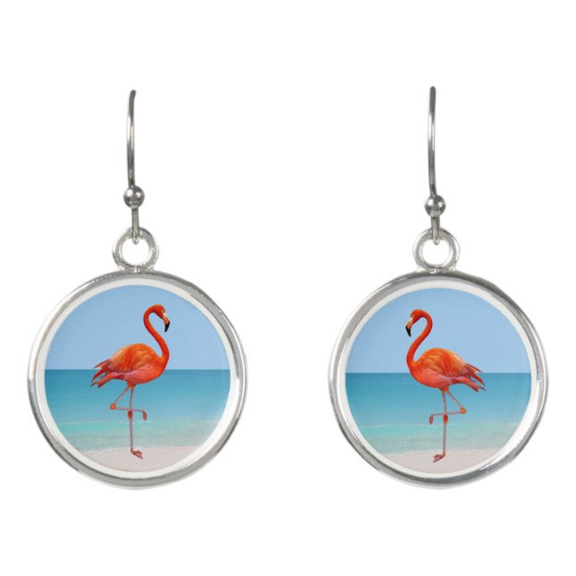 Beautiful Pink Flamingo on the Beach Earrings (Front)