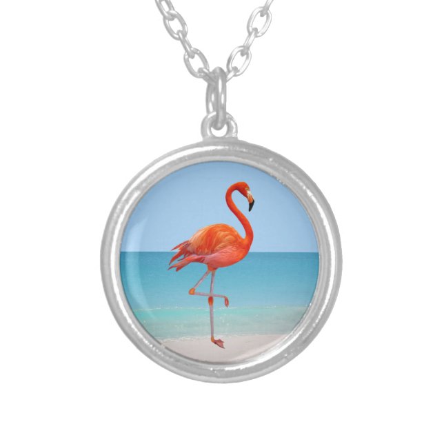 Beautiful Pink Flamingo on the Beach Silver Plated Necklace (Front)