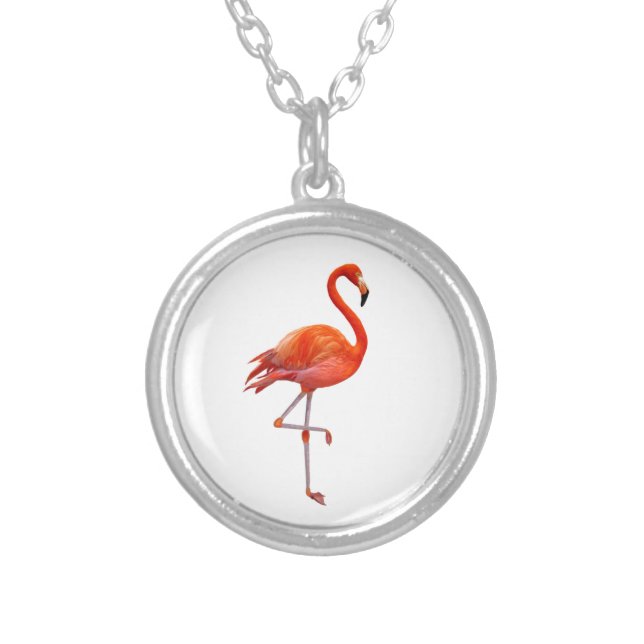 Beautiful Pink Flamingo on White Silver Plated Necklace (Front)