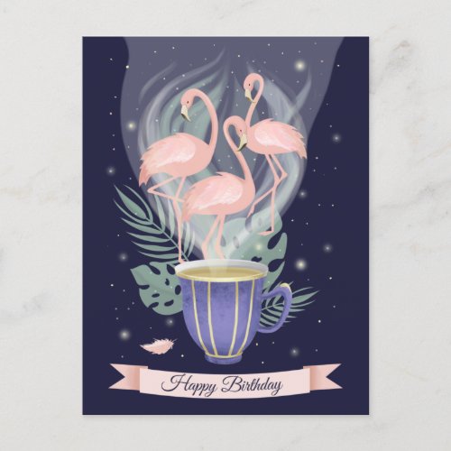 Beautiful Pink Flamingo Tea Time Postcard