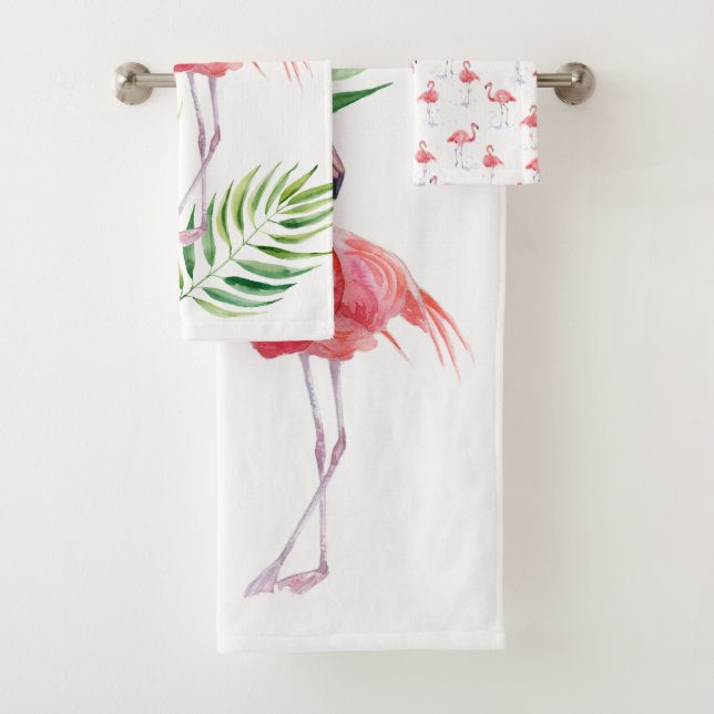 Beautiful pink flamingos and tropical leaves bath towel set (Insitu)