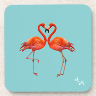 Beautiful Pink Flamingos & Monogram on Light Blue Beverage Coaster