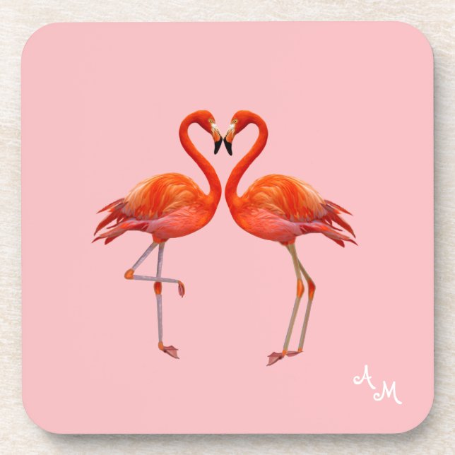 Beautiful Pink Flamingos & Monogram on Light Pink Beverage Coaster (Front)