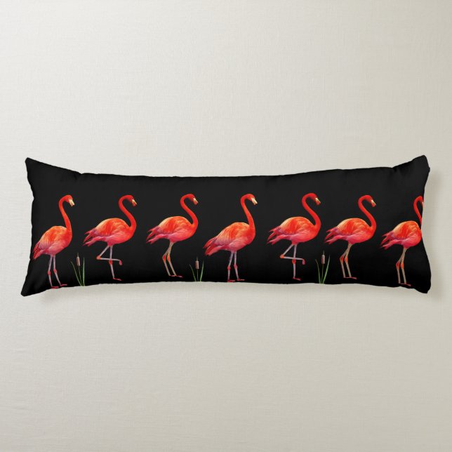 Beautiful Pink Flamingos on Black Body Pillow (Front)