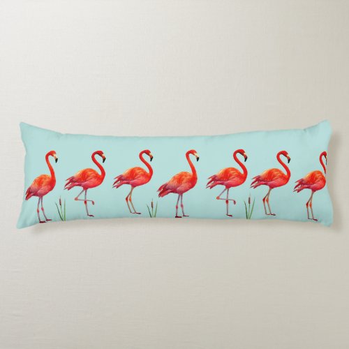 Beautiful Pink Flamingos on Light Blue Body Pillow