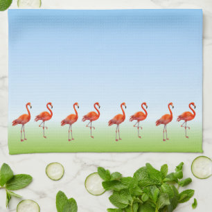 Beautiful Pink Flamingos on Light Blue Gradient Kitchen Towel