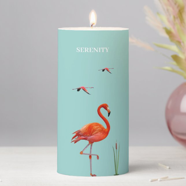 Beautiful Pink Flamingos  on Light Blue Pillar Candle (In Situ)