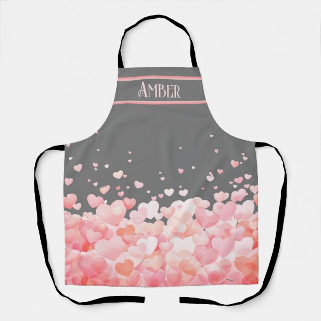Beautiful Pink Floating Hearts on Dark Gray Apron (Front)