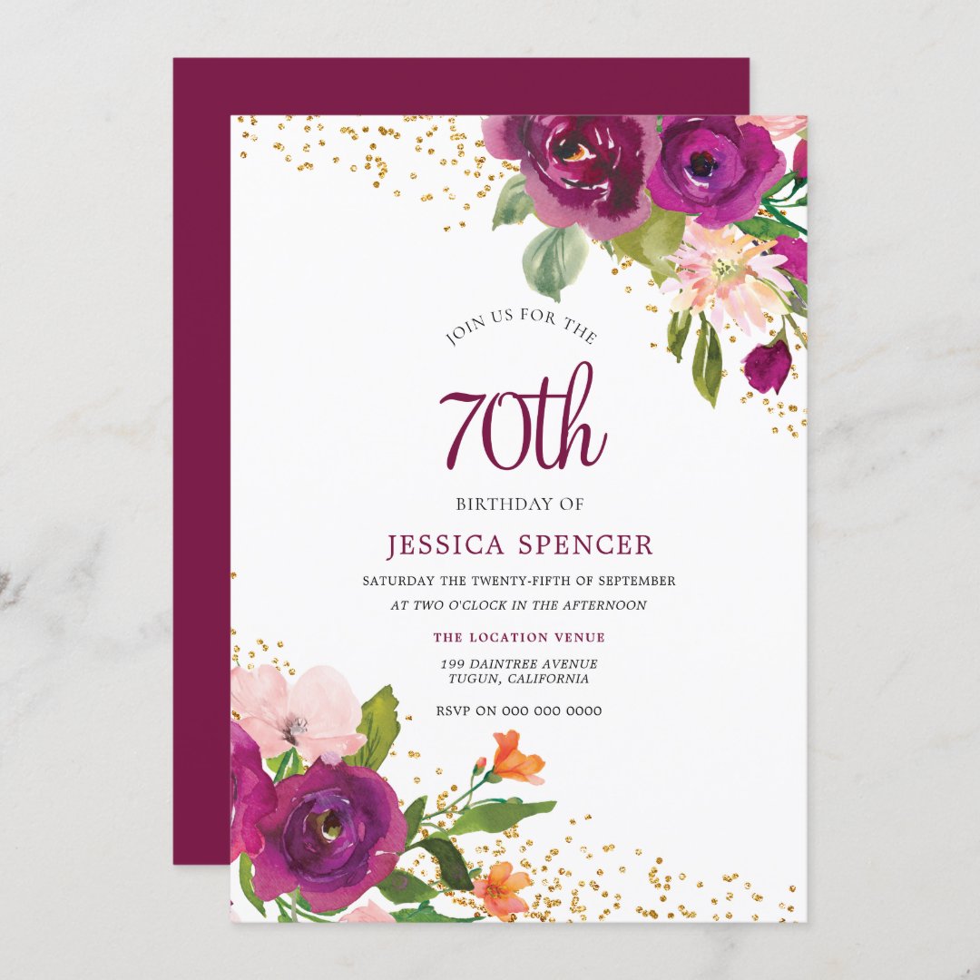 Beautiful Pink Floral 70th Birthday Invitation | Zazzle