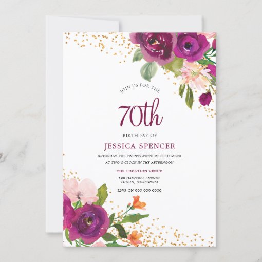 Beautiful Pink Floral 70th Birthday Invitation | Zazzle