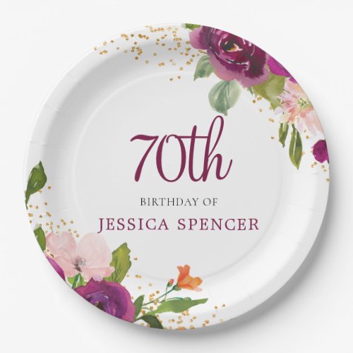 Beautiful Pink Floral 70th Birthday Party Paper Plates