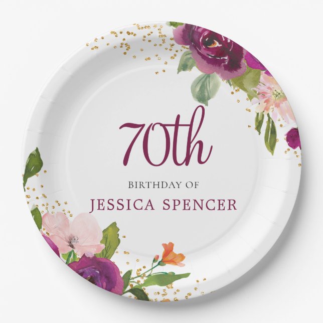 Beautiful Pink Floral 70th Birthday Party Paper Plates (Front)