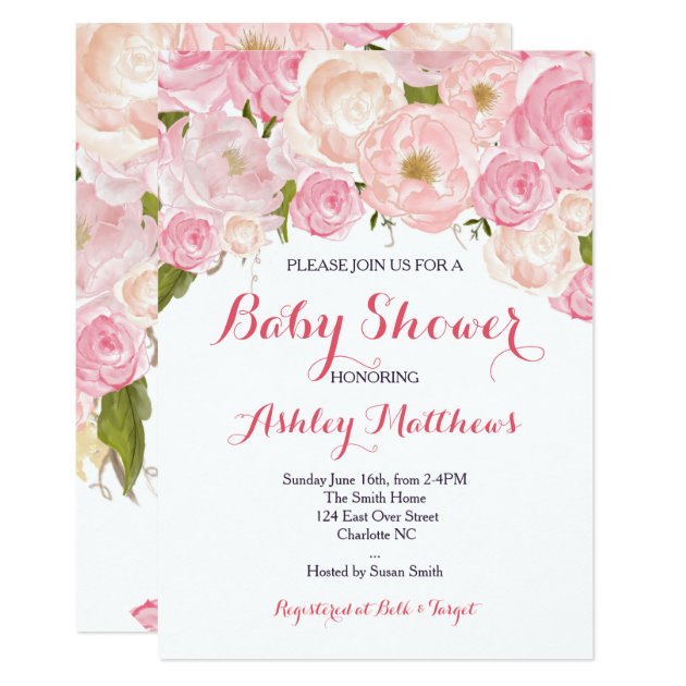 Beautiful Pink Floral Baby Shower Invitation, Baby Card