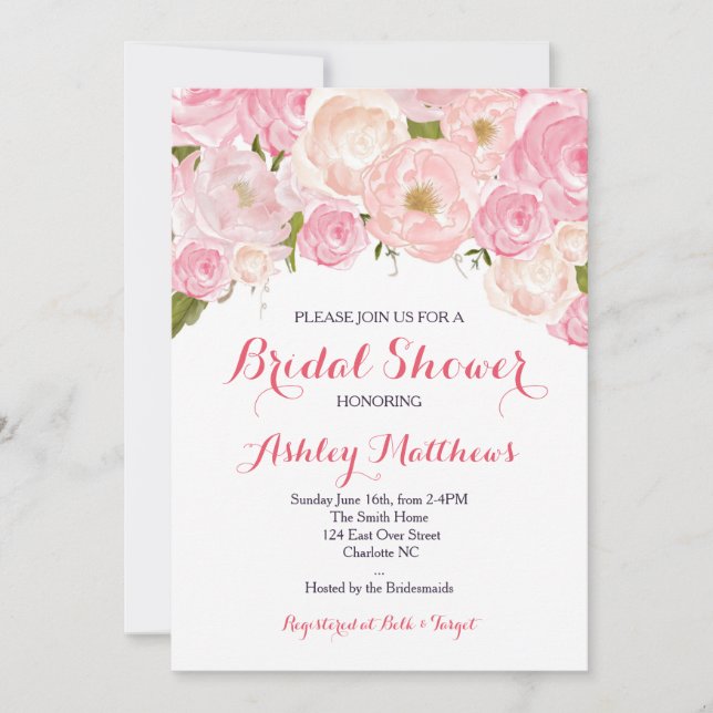 Beautiful Pink Floral Baby Shower Invitation, Baby Invitation (Front)