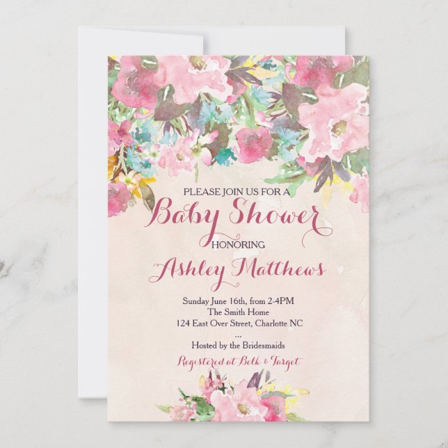 Beautiful Pink Floral Baby Shower Invitation, Baby Invitation (Front)