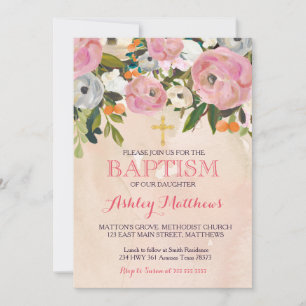 Beautiful Pink Floral BAPTISM Invitation