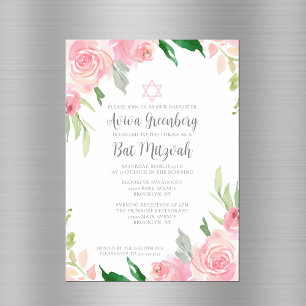 Beautiful Pink Floral Bat Mitzvah Party Magnetic Invitation