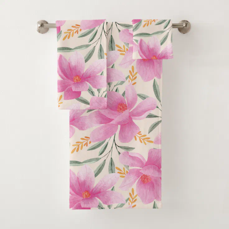 Beautiful Pink Floral Bath Towel Set Zazzle