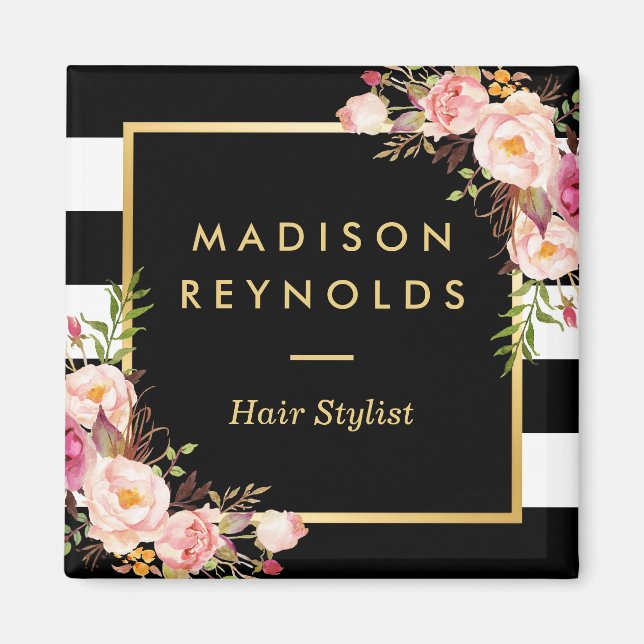 Beautiful Pink Floral Black White Striped Magnet (Front)