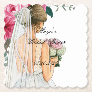 beautiful pink floral bridal shower paper coaster