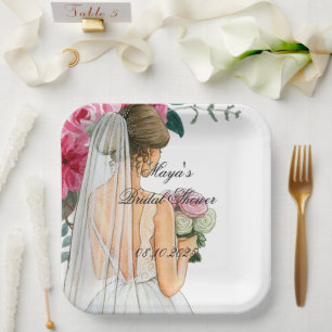 beautiful pink floral bridal shower paper plates