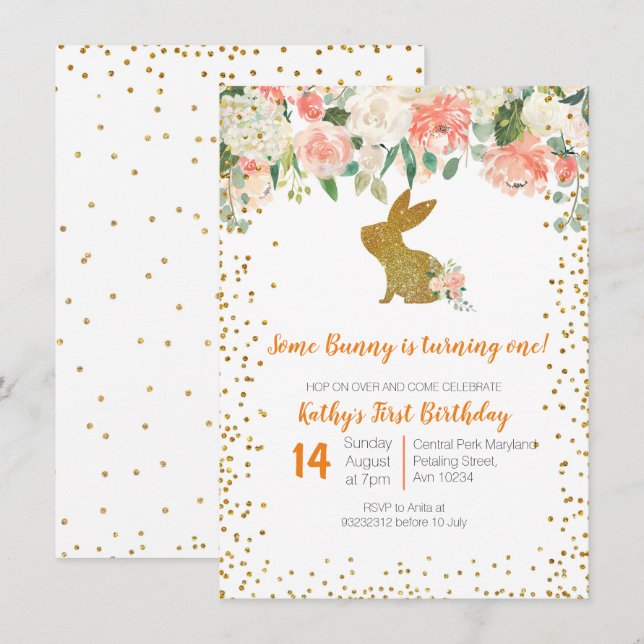 Beautiful Pink Floral Bunny 1st Birthday Invitation (Front/Back)
