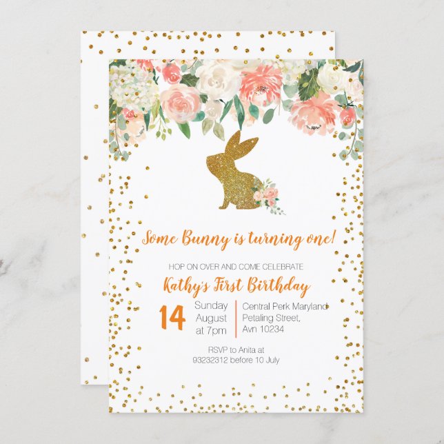 Beautiful Pink Floral Bunny 1st Birthday Invitation (Front/Back)