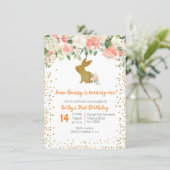 Beautiful Pink Floral Bunny 1st Birthday Invitation (Standing Front)