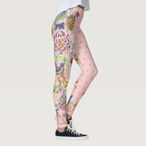Beautiful Pink Floral Butterfly Chinoiserie Mix Leggings