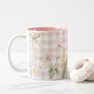 Beautiful Pink Floral Checkered Two-Tone Coffee Mug