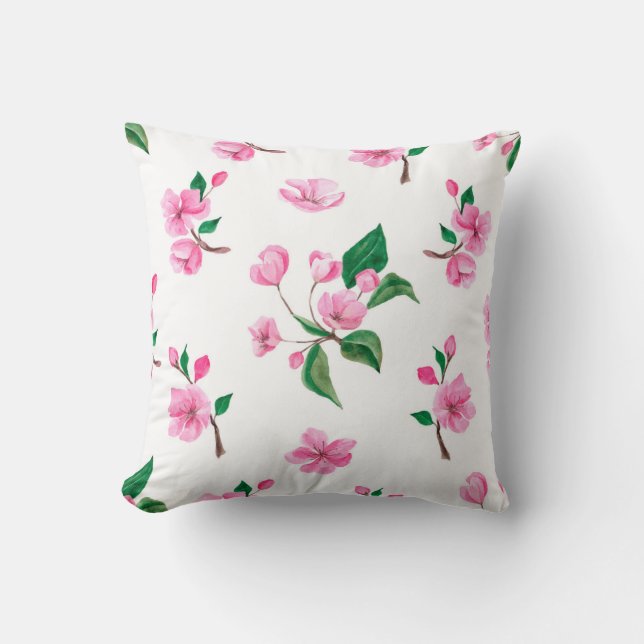 Beautiful Pink Floral Cherry Blossom Watercolor Throw Pillow (Front)