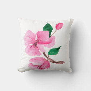 Beautiful Pink Floral Cherry Blossom Watercolor Throw Pillow