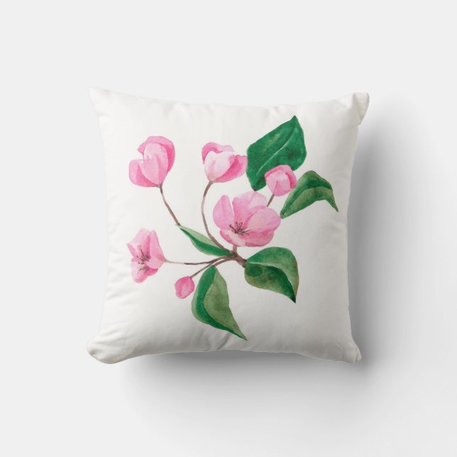 Beautiful Pink Floral Cherry Blossom Watercolor Throw Pillow (Front)