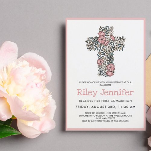 Beautiful Pink Floral Cross First Communion Invitation
