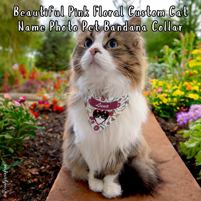 Beautiful Pink Floral Custom Cat Name Photo Pet Bandana Collar (Creator Uploaded)