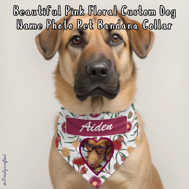 Beautiful Pink Floral Custom Dog Name Photo Pet Bandana Collar (Creator Uploaded)