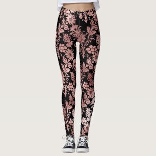 Beautiful pink floral damask black leggings